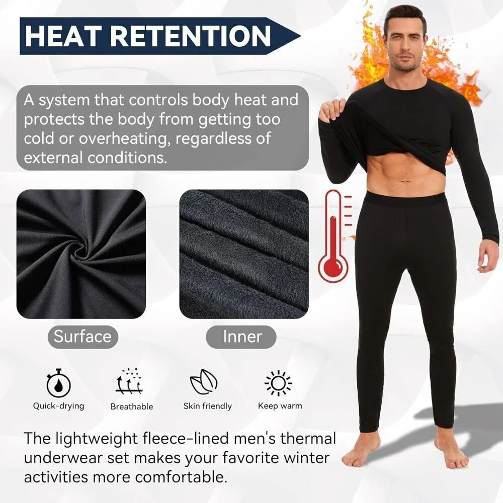 Mens Thermal Base Layer Set, Fleece Lined Underwear Compression Long Johns